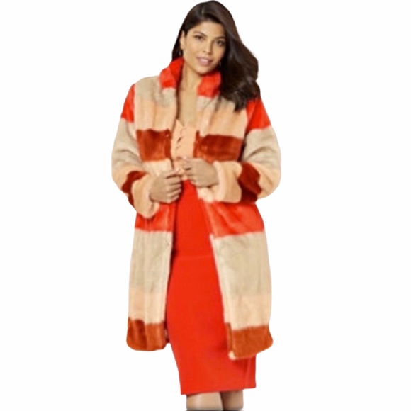 eva mendes for New York & Company Jackets & Blazers - ✴️EVA MENDES RED MULTI FAUX FUR LONG COAT